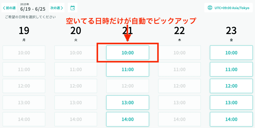複数人のあいてる日時が自動でピックアップされた画面